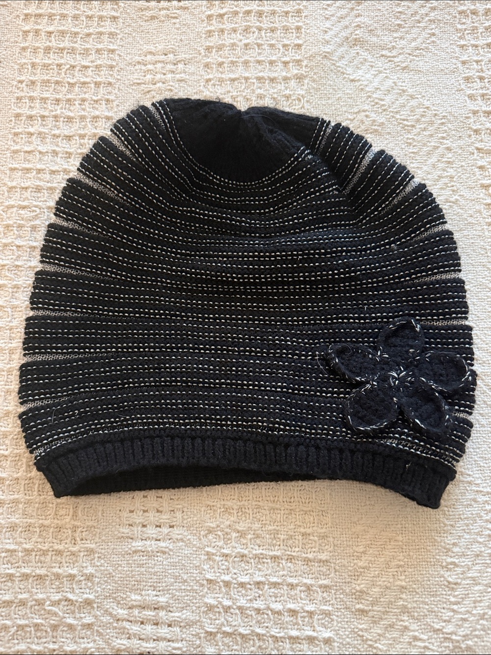 Icing Slouchy Black Silver Striped Metallic Knit Side Flower Beanie OS

.